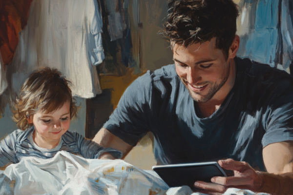 A father multitasks during the LDS General Conference 2025, portraying joy and devotion in the ordinary, messy work of family life.