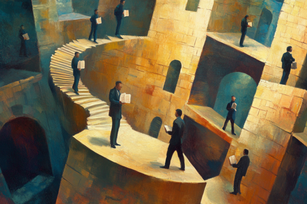 From Babel to the UN: How Semantic Confusion Undermines Peace—and the Radical Power of Clarity Builders consult different plans in silence, capturing the subtle confusion of semantic ambiguity.