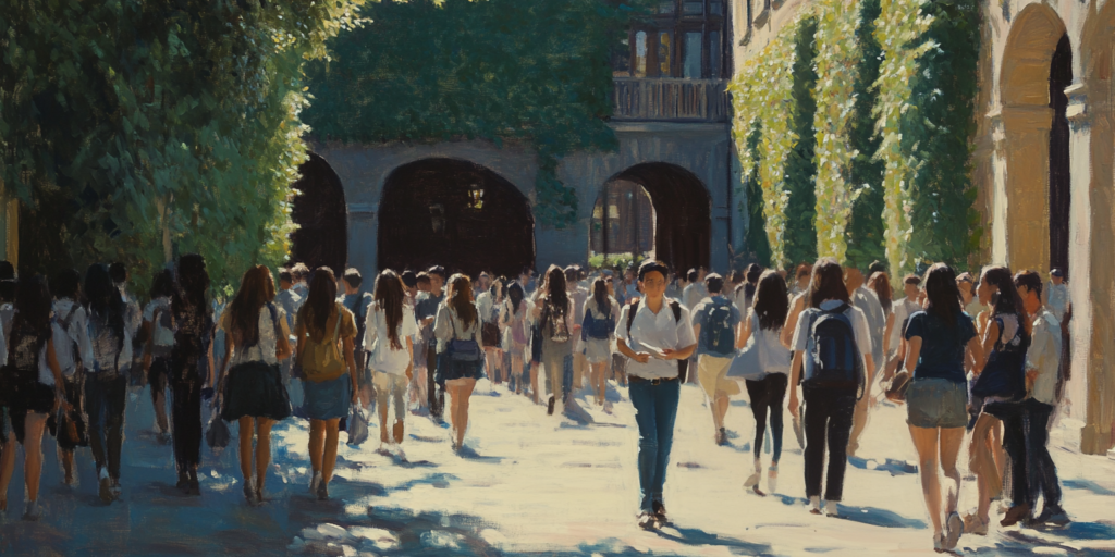 An individual walks in opposite steps among other students, capturing the social tension of secular Christianity in elite spaces.