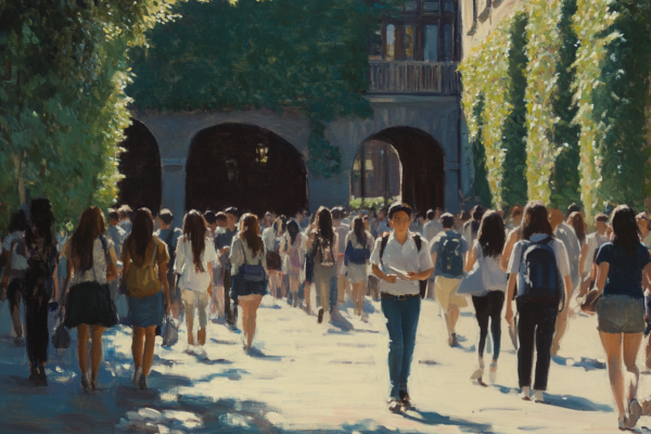 The Respectability Trap: Saints, Status, and the Cost of Acceptance An individual walks in opposite steps among other students, capturing the social tension of secular Christianity in elite spaces.