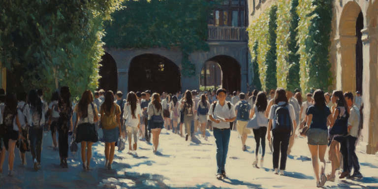 An individual walks in opposite steps among other students, capturing the social tension of secular Christianity in elite spaces.