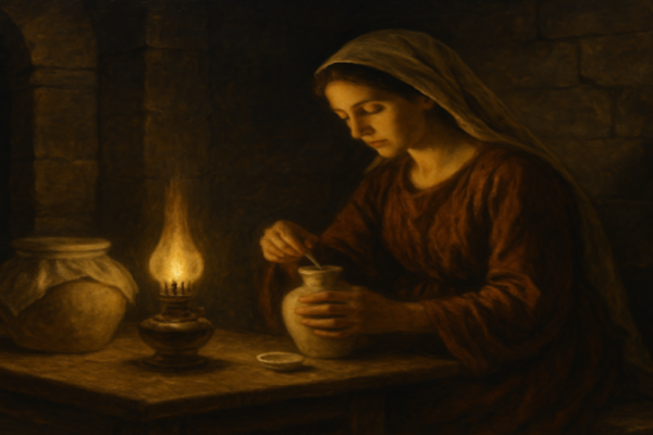 A woman prepares sacred burial oil, foreshadowing Christ’s sacrifice in a Christ-centered Easter reflection.