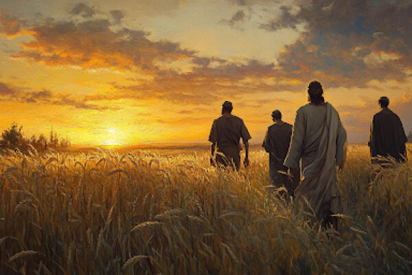 Christ walking near barley harvest symbolizes First Fruits, the agricultural and spiritual roots of Easter and Passover.