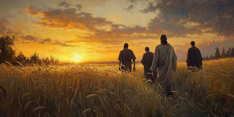 Christ walking near barley harvest symbolizes First Fruits, the agricultural and spiritual roots of Easter and Passover.