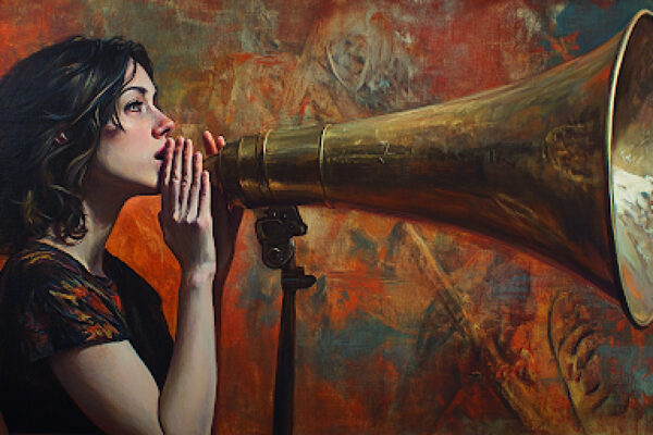 A woman’s prayer is spoken through a megaphone, illustrating misinterpretation of women and the Church.