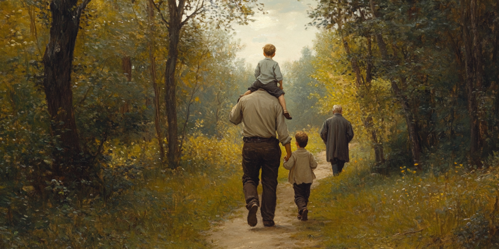 A father carries his son while walking with his own father, showing faith and fatherhood through generational presence and example.