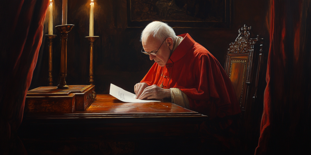 A cardinal casts a ballot alone by candlelight, illustrating the solemnity and spiritual gravity of the papal election and the depth of conclave meaning.