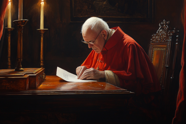 A cardinal casts a ballot alone by candlelight, illustrating the solemnity and spiritual gravity of the papal election and the depth of conclave meaning.