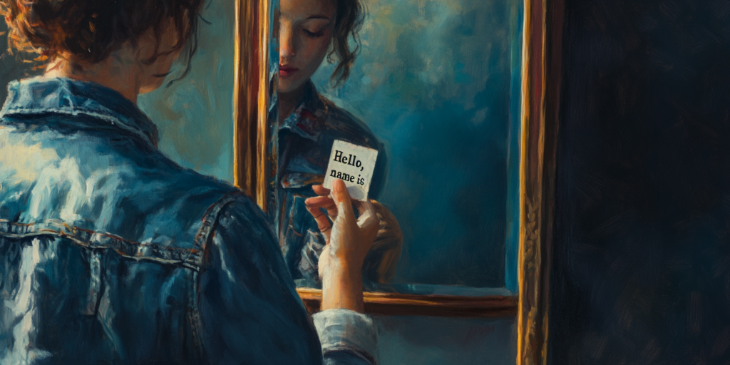 A mirrored name mismatch evokes the spiritual meaning of names as both internal struggle and divine invitation.