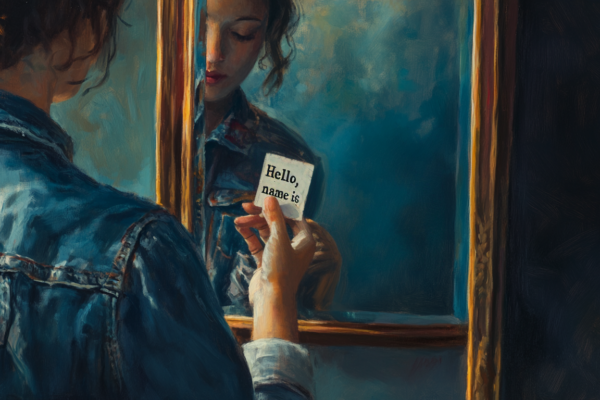 A mirrored name mismatch evokes the spiritual meaning of names as both internal struggle and divine invitation.