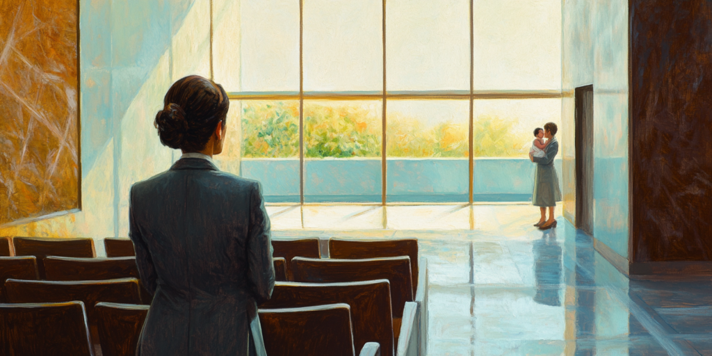 A UN delegate overlooks a mother and baby, illustrating institutional disregard for unpaid care work.