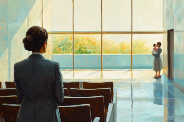 A UN delegate overlooks a mother and baby, illustrating institutional disregard for unpaid care work.