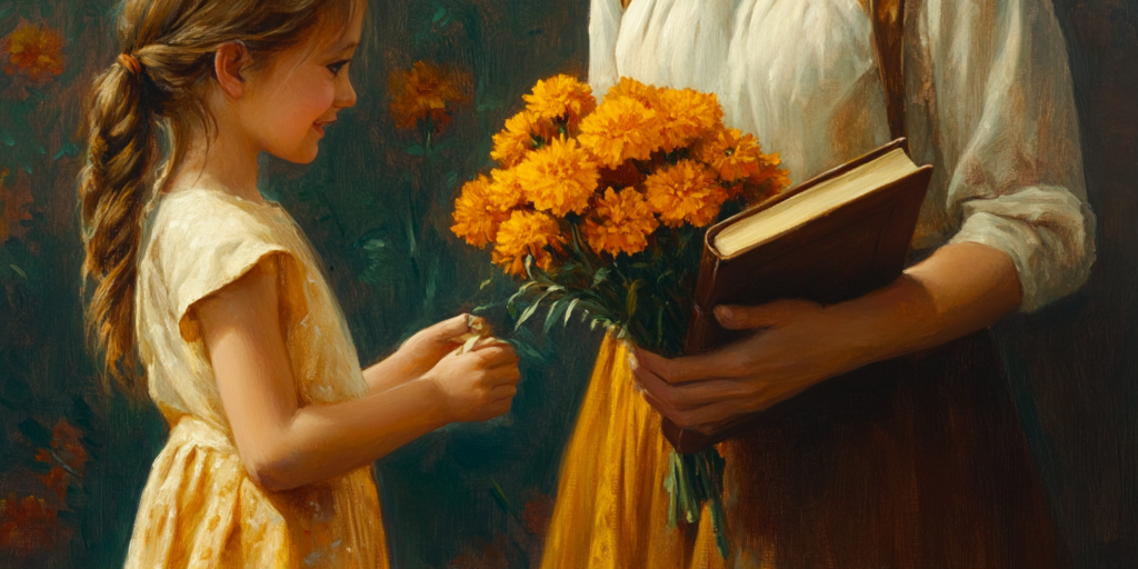 A teacher offers marigolds while hiding a Bible, symbolizing niceness vs kindness in gospel instruction.
