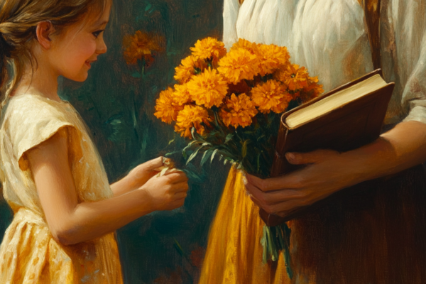 A teacher offers marigolds while hiding a Bible, symbolizing niceness vs kindness in gospel instruction.