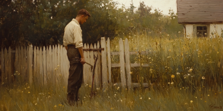 A man repairs a fence for a neighbor, his quiet labor embodying the healing power of service amid faith and doubt