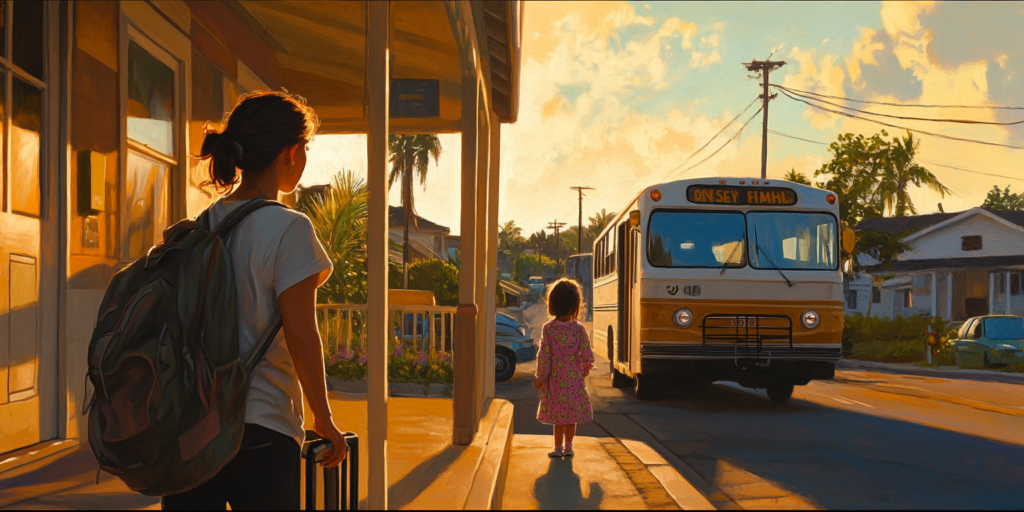 A woman leaves for the bus as a child watches, capturing the emotional shift in the Lilo and Stitch remake.