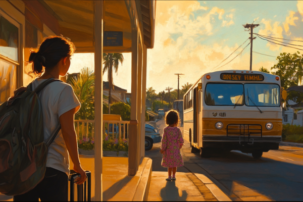 Disney’s Family Values: When Ohana Becomes Optional A woman leaves for the bus as a child watches, capturing the emotional shift in the Lilo and Stitch remake.