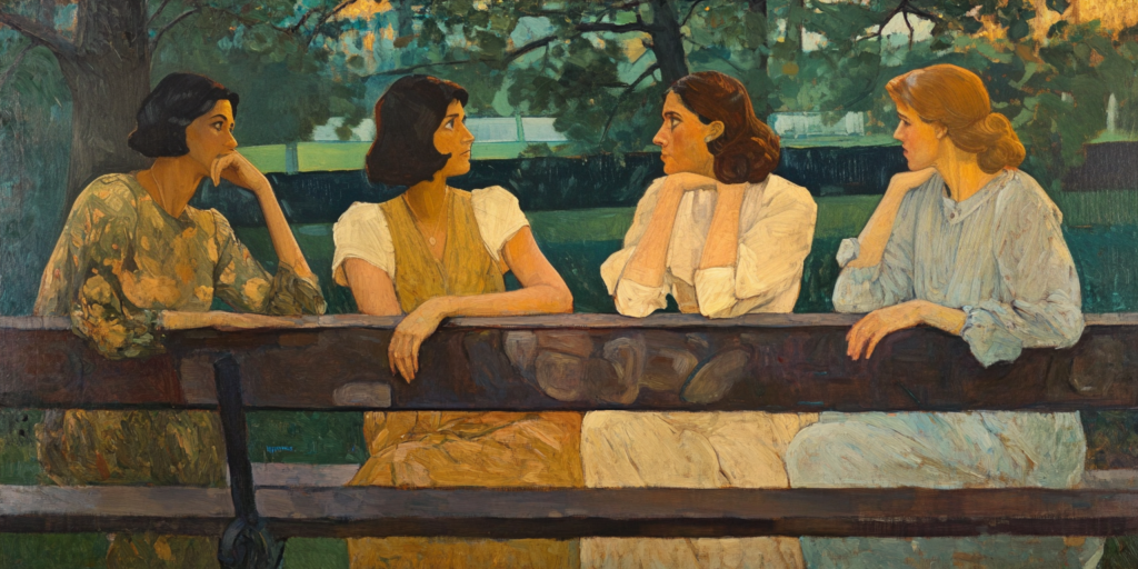 Three women talk quietly while one listens, reflecting social tension and moral nuance in what is gossip.