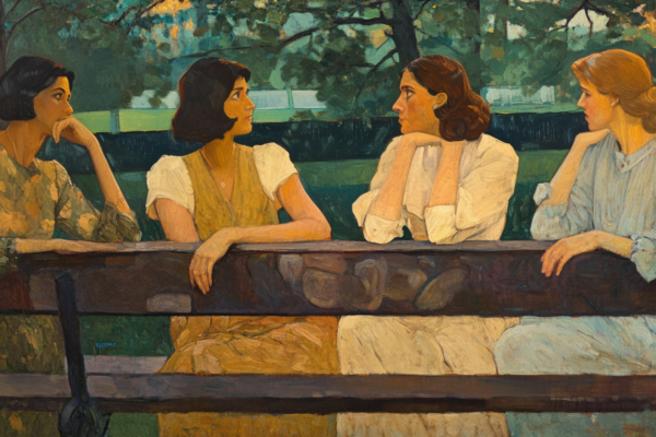 Three women talk quietly while one listens, reflecting social tension and moral nuance in what is gossip.