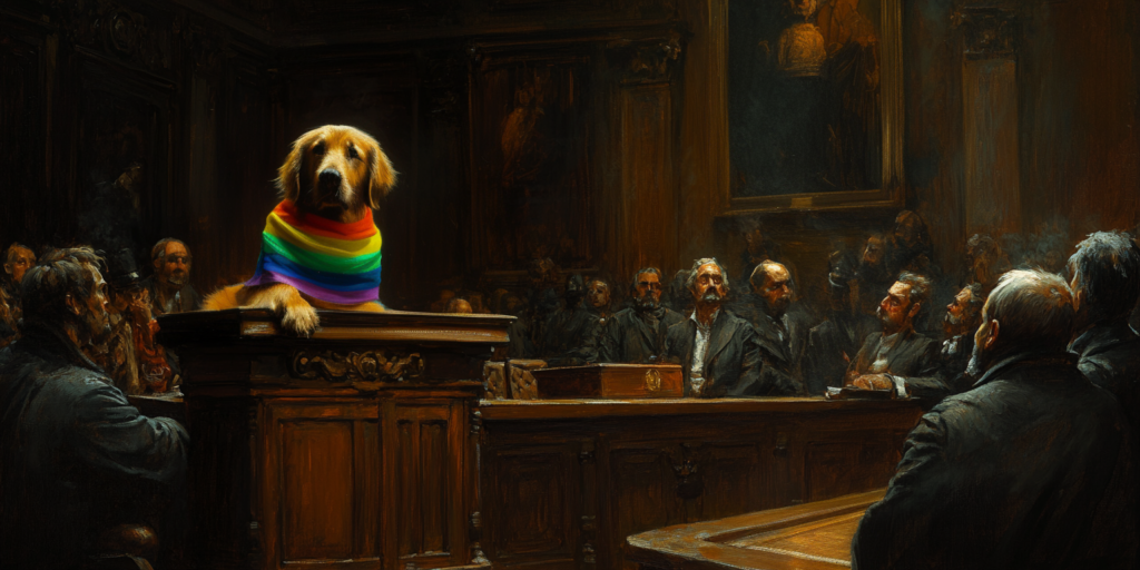 A courtroom scene where a dog’s presence satirizes doctrinal ambiguity and legalistic faith reasoning.