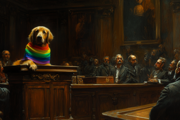 A courtroom scene where a dog’s presence satirizes doctrinal ambiguity and legalistic faith reasoning.