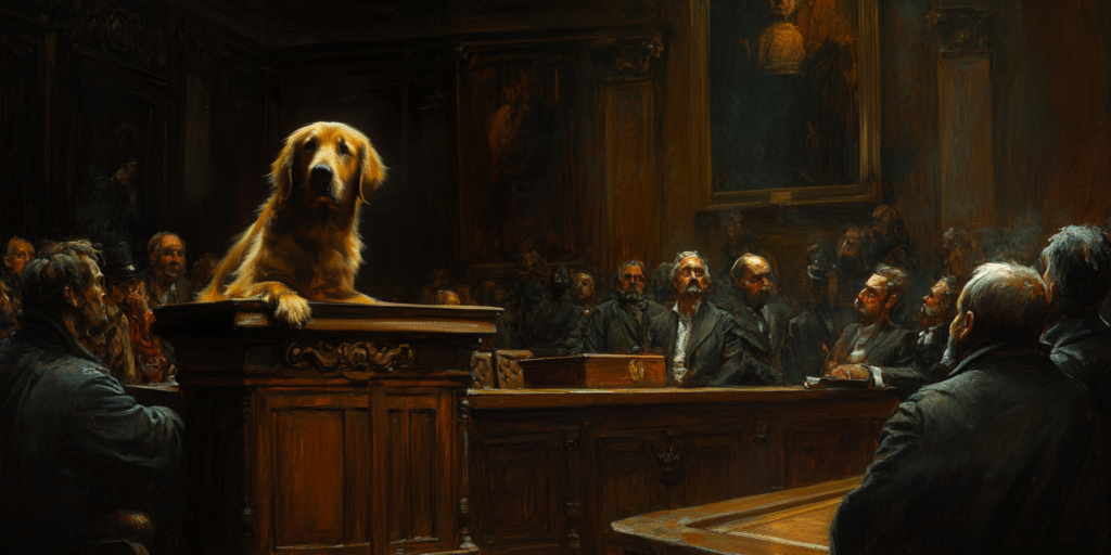 A courtroom scene where a dog’s presence satirizes doctrinal ambiguity and legalistic faith reasoning.