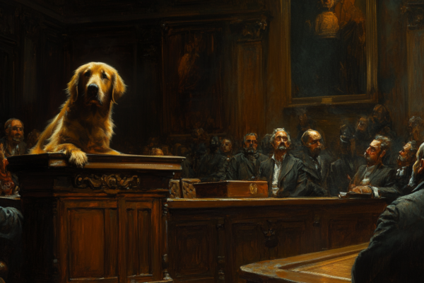 A courtroom scene where a dog’s presence satirizes doctrinal ambiguity and legalistic faith reasoning.