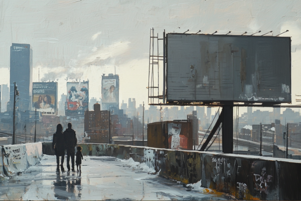 A family faces a crumbling city with a faded billboard reflecting the family a proclamation to the world being forgotten.