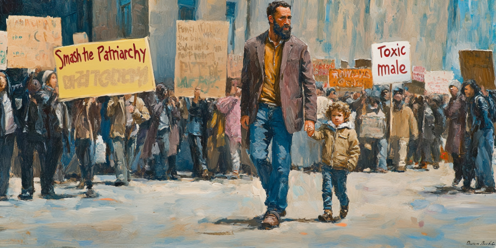 A peaceful father leads his child past hostile slogans, illustrating the steady purpose of modern masculinity.