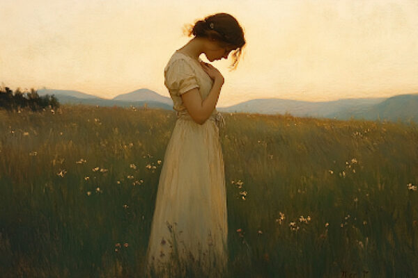Navigating Your Faith Journey: Use Your Heart A girl stands in a quiet meadow at dawn with hand on heart, caught between reverence and the pull of faith and doubt