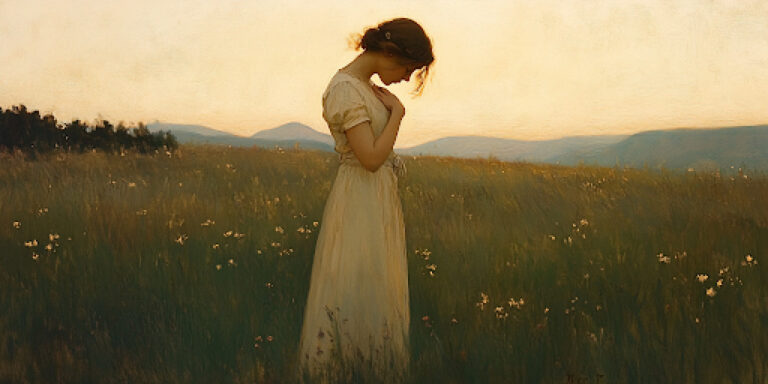 A girl stands in a quiet meadow at dawn with hand on heart, caught between reverence and the pull of faith and doubt