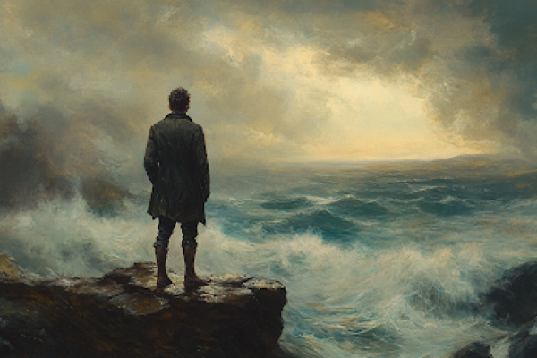 Anchoring Tempest-Tossed Men: Faith’s Response to a Rising Crisis A man standing above stormy waters symbolizes the hope beyond the crisis facing men falling behind.