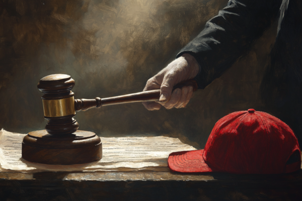 Constitutional Fidelity in an Age of Personality Politics A judge in a modern office chooses between a gavel and a red baseball cap, symbolizing the Trump Supreme Court's commitment to law over partisan loyalty.