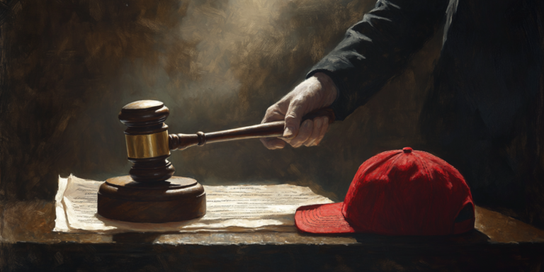 A judge in a modern office chooses between a gavel and a red baseball cap, symbolizing the Trump Supreme Court's commitment to law over partisan loyalty.