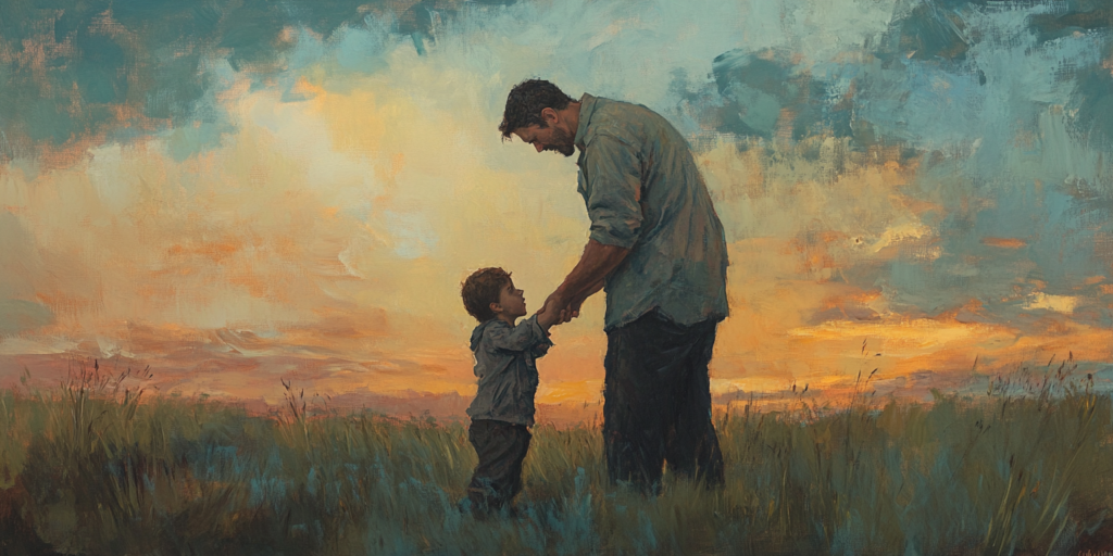 A guiding parent evokes the dual role of God in religion and family—both nurturing and directive.