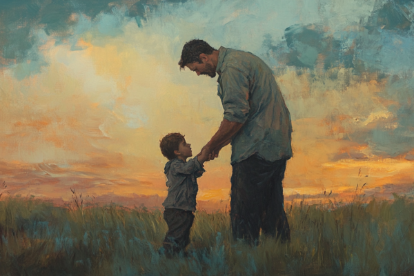 A guiding parent evokes the dual role of God in religion and family—both nurturing and directive.