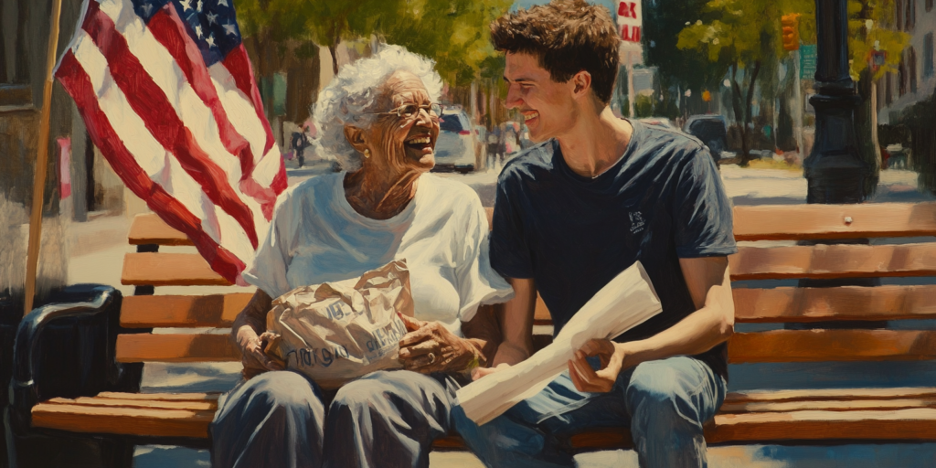 An older woman and a young protester laugh together near a flag, revealing joy and connection in pursuit of a more perfect union.
