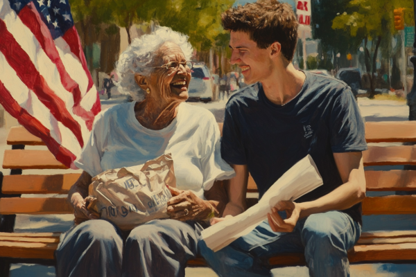 An older woman and a young protester laugh together near a flag, revealing joy and connection in pursuit of a more perfect union.
