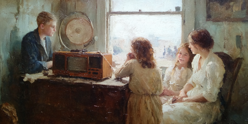 A family listens to a broadcast during the Dust Bowl era, evoking the enduring voice of the tabernacle choir across generations.