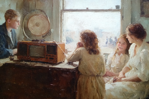 A family listens to a broadcast during the Dust Bowl era, evoking the enduring voice of the tabernacle choir across generations.