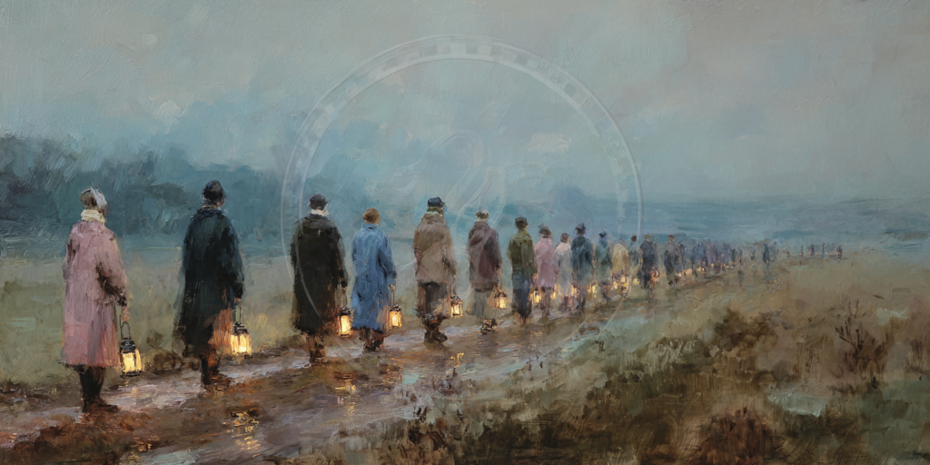 A procession lit by one fire shows how divine light unfolds across time without change in its source—an unchanging god.