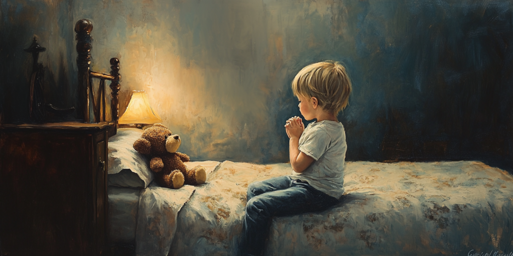 A small child kneels in quiet, heartfelt prayer in a softly lit bedroom, reflecting the innocence and sincerity that lead to knowing Jesus.