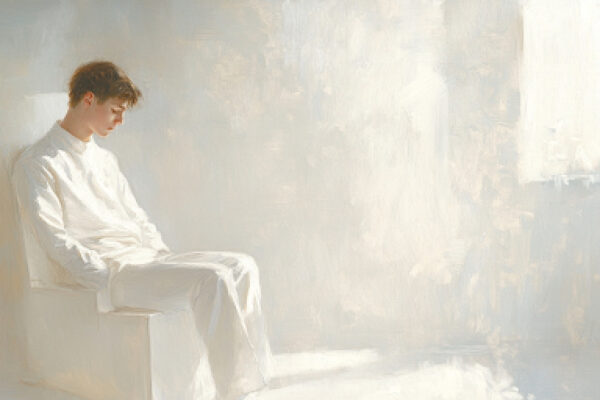 Chastity, Covenant, and Quiet Redemption: The Temple for a Sexual Minority Saint A man sits peacefully in a quiet, light-filled room, evoking spiritual stillness and sexual minority healing.