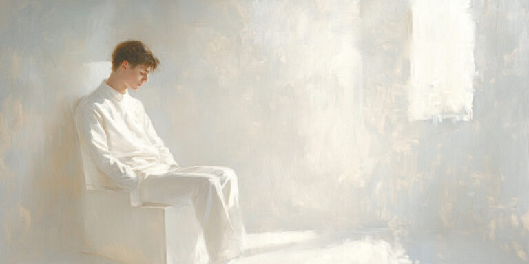 A man sits peacefully in a quiet, light-filled room, evoking spiritual stillness and sexual minority healing.