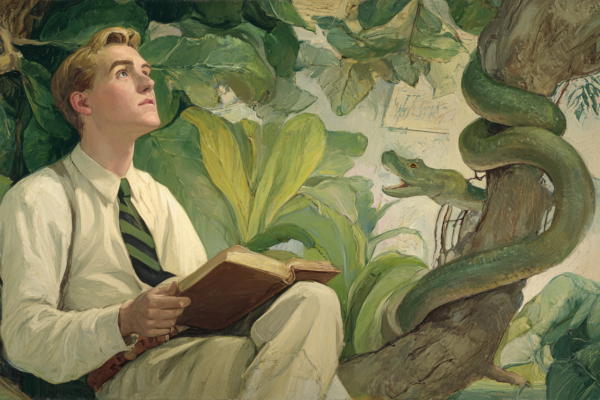 A missionary sits in reflection beneath a fig tree in the Garden of Eden, unaware of a nearby serpent, symbolizing gospel questions and unseen shame.