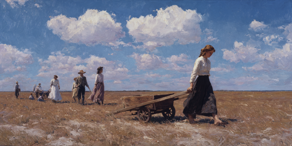 A lone youth pulls a handcart on the plains while others rest, evoking inner growth through struggle as a modern Mormon pioneer.