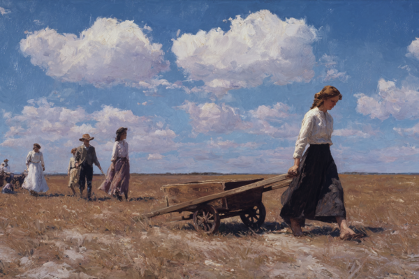 A lone youth pulls a handcart on the plains while others rest, evoking inner growth through struggle as a modern Mormon pioneer.