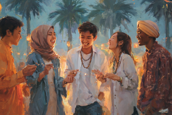 America’s Interfaith Problem Isn’t Denominational: Learning from Southeast Asia Southeast Asian young adults in diverse religious attire joyfully prepare lanterns in a city square, highlighting unity in interfaith dialogue.