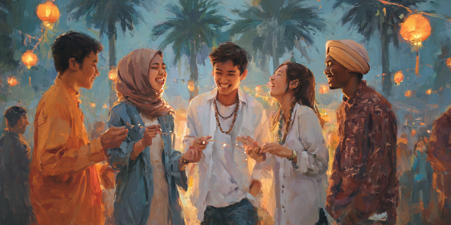 Southeast Asian young adults in diverse religious attire joyfully prepare lanterns in a city square, highlighting unity in interfaith dialogue.