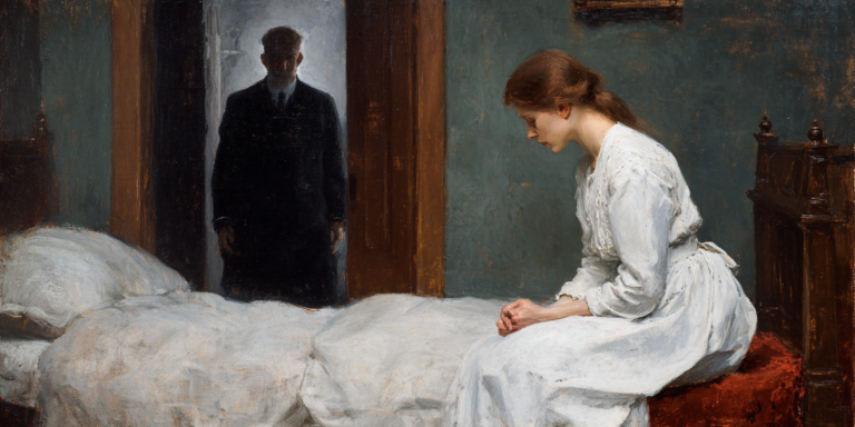 A woman prays while her husband watches in silence, capturing the start of shared spiritual transformation.